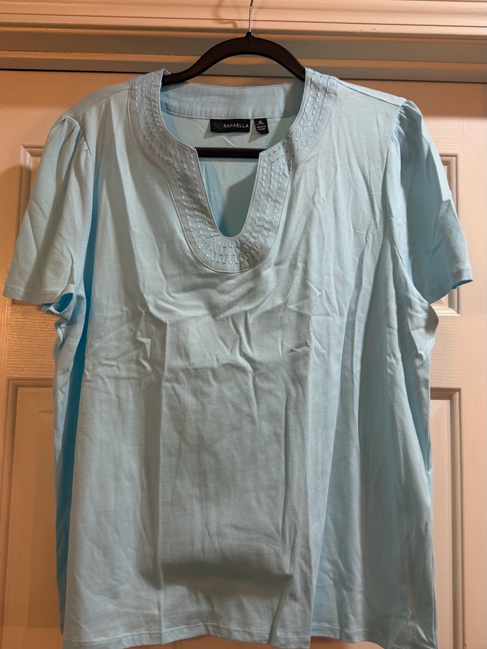 Rafaella Light Blue Embroidered Neck Tee - Size XL